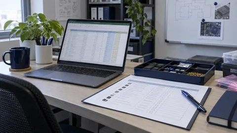Иллюстрация таблицы BOM, контрольного списка и образцов компонентов на столе